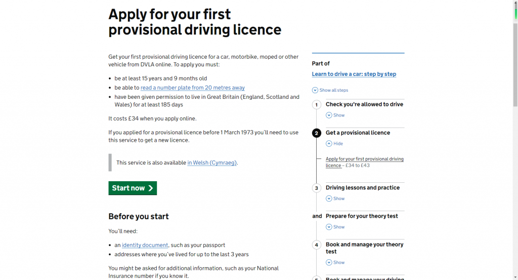 the specific steps to apply for your first provisional driving licence