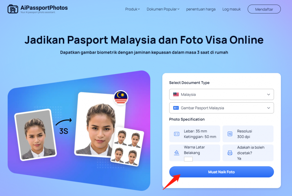 uploading a picture on AiPassportPhotos Malaysian Homepage