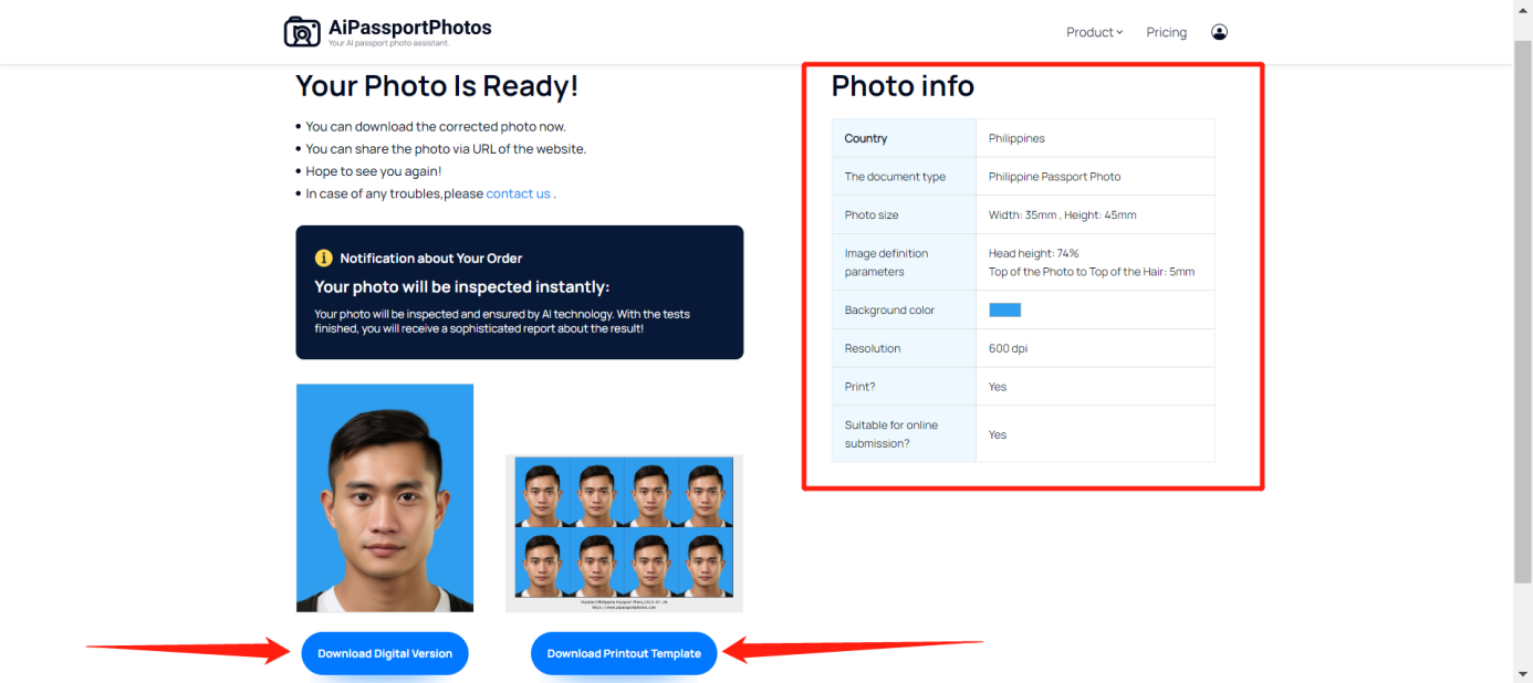 Photo info of your passport photo