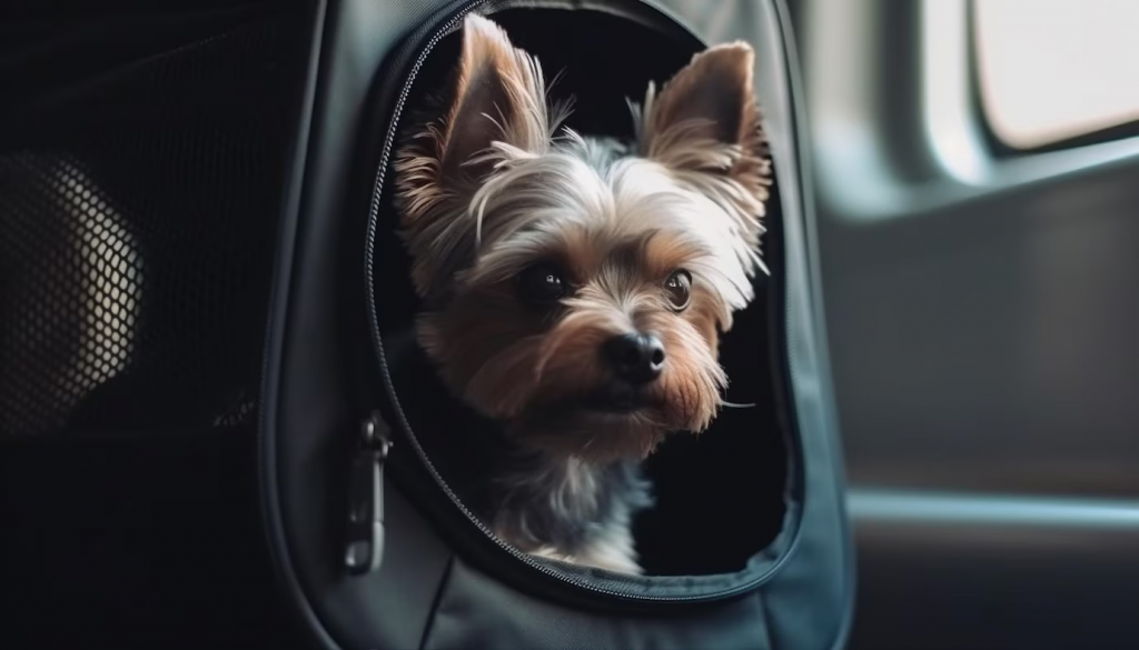 Cute purebred terrier puppy sitting in airplane