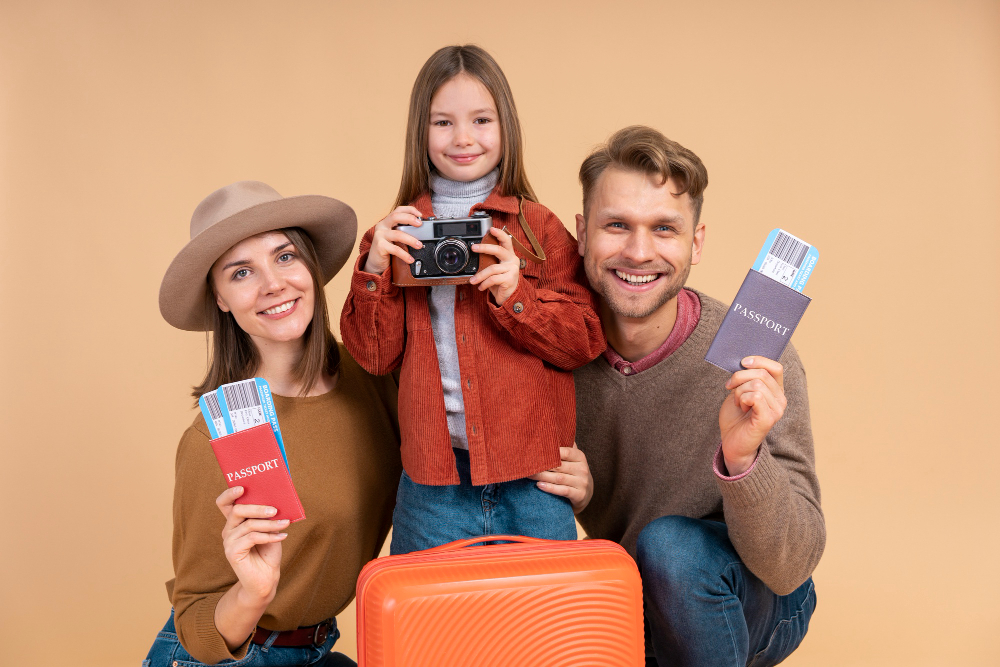 family with daughter holding passports and luggage ready for travel