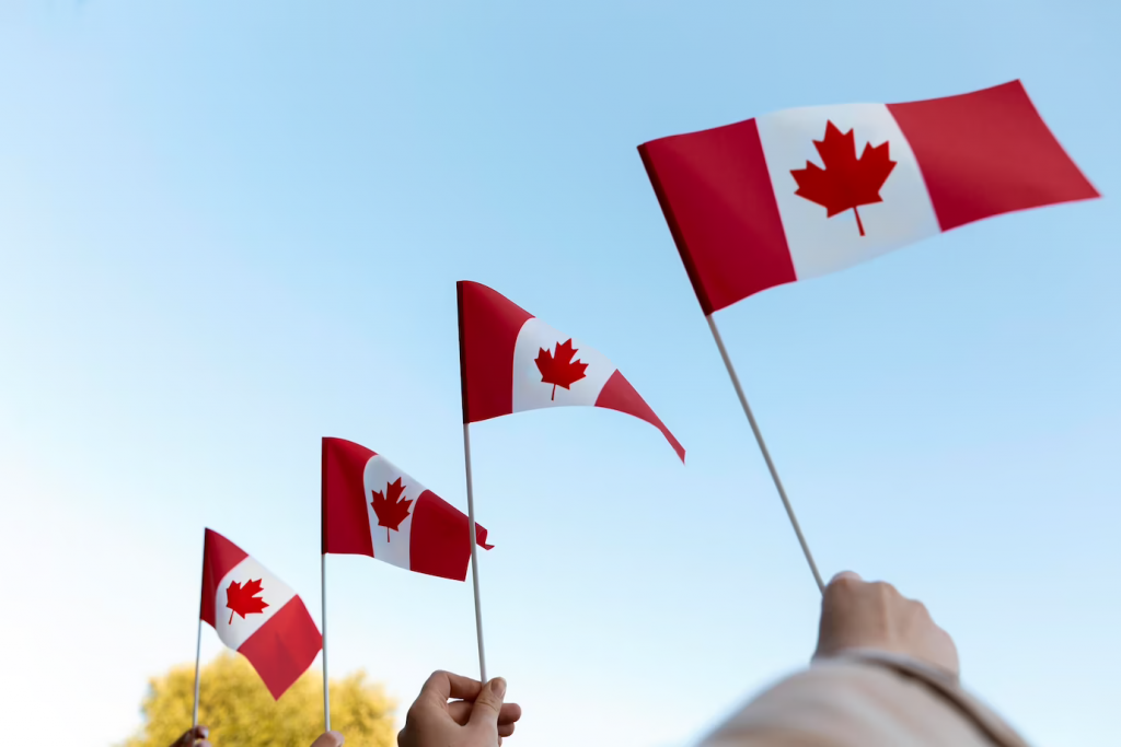 hands holding canadian flags against sky