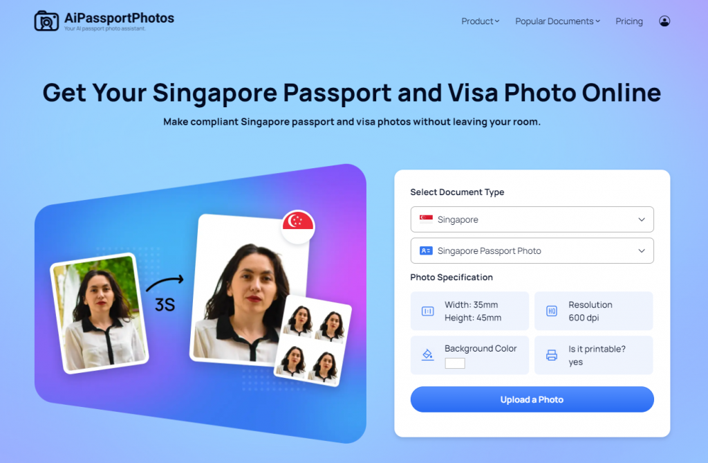 Upload photo on AiPassportPhotos to crop the Singapore passport photo