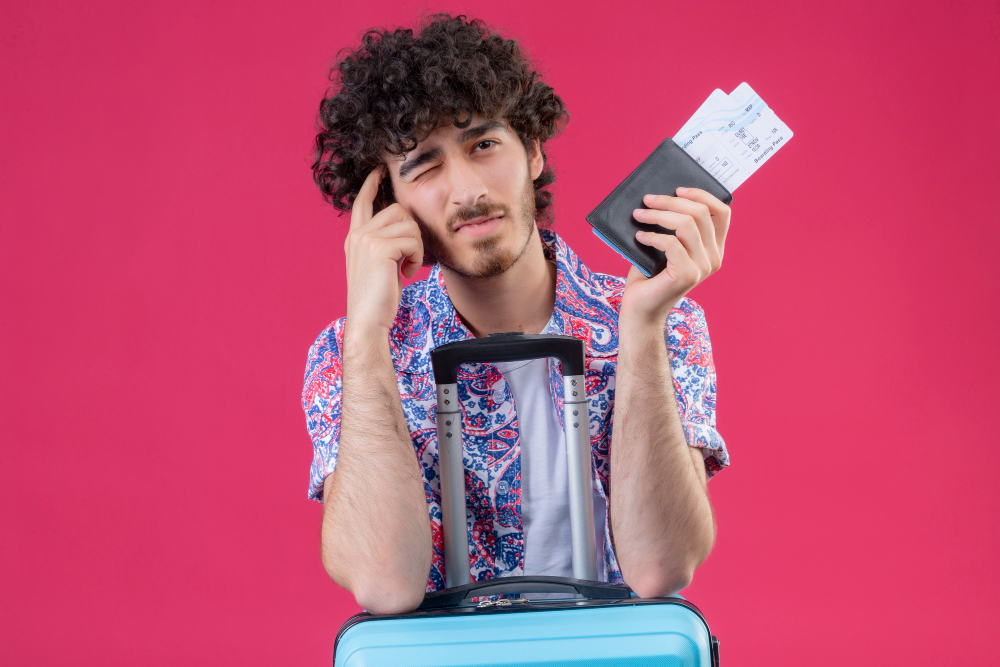 thoughtful young handsome curly traveler man holding wallet and airplane tickets 