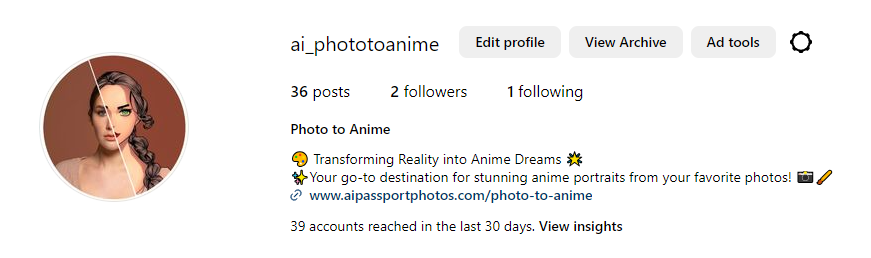 Instagram profile of Photo to Anime