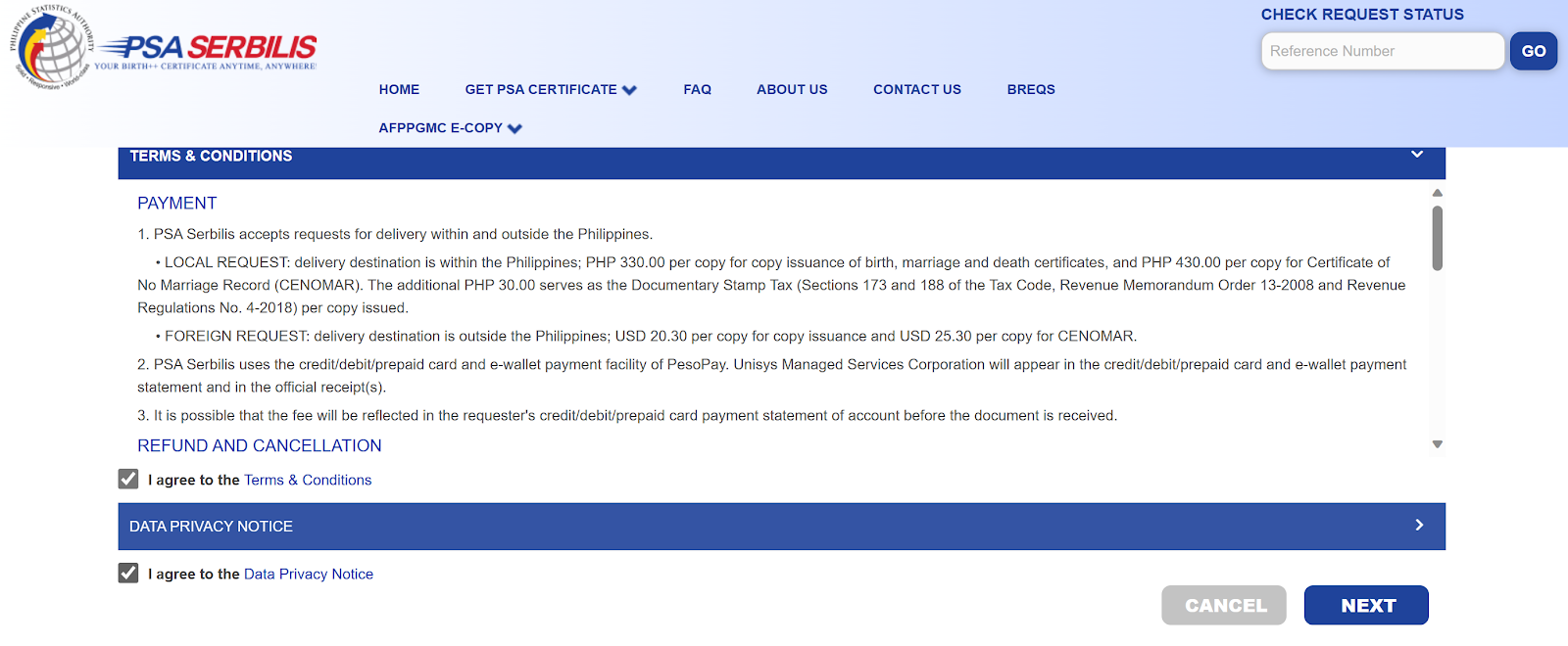 Terms and Conditions on PSASerbilis website