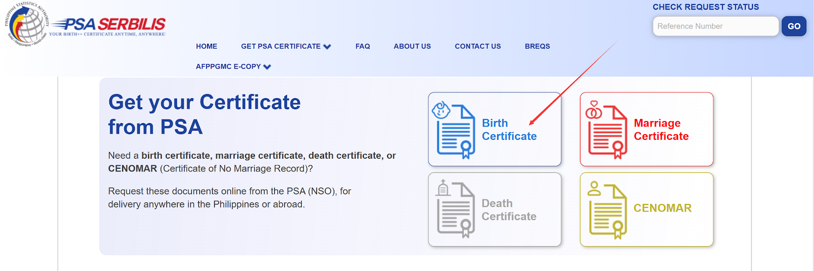 Click "Birth Certificate" on PSASerbilis website