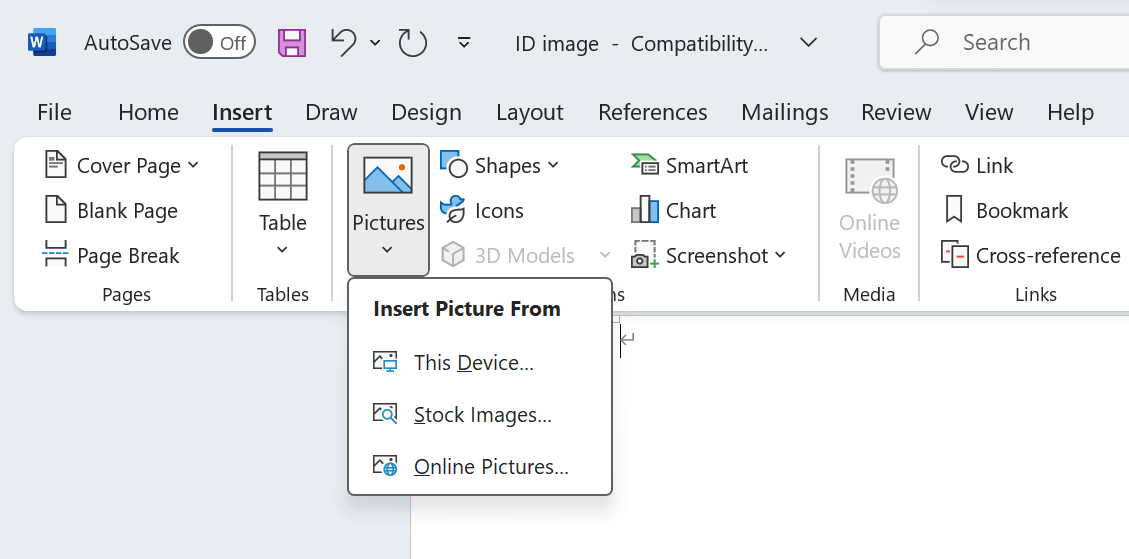 make a 2x2 picture in word Step 1