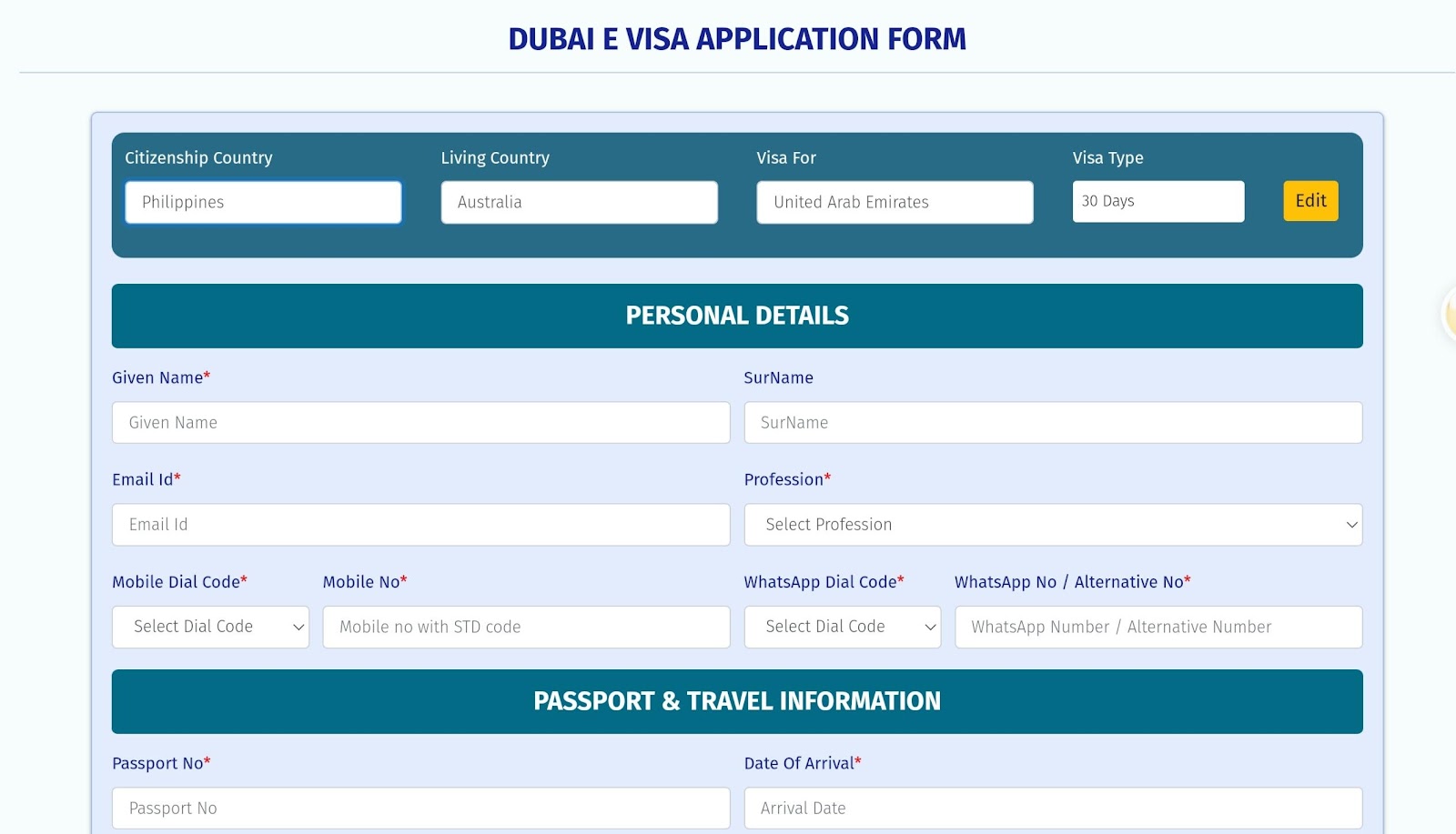 Dubai evisa application form