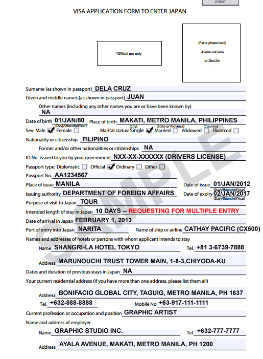 Japan visa application form