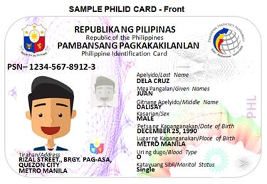 The front of a sample PhilID card