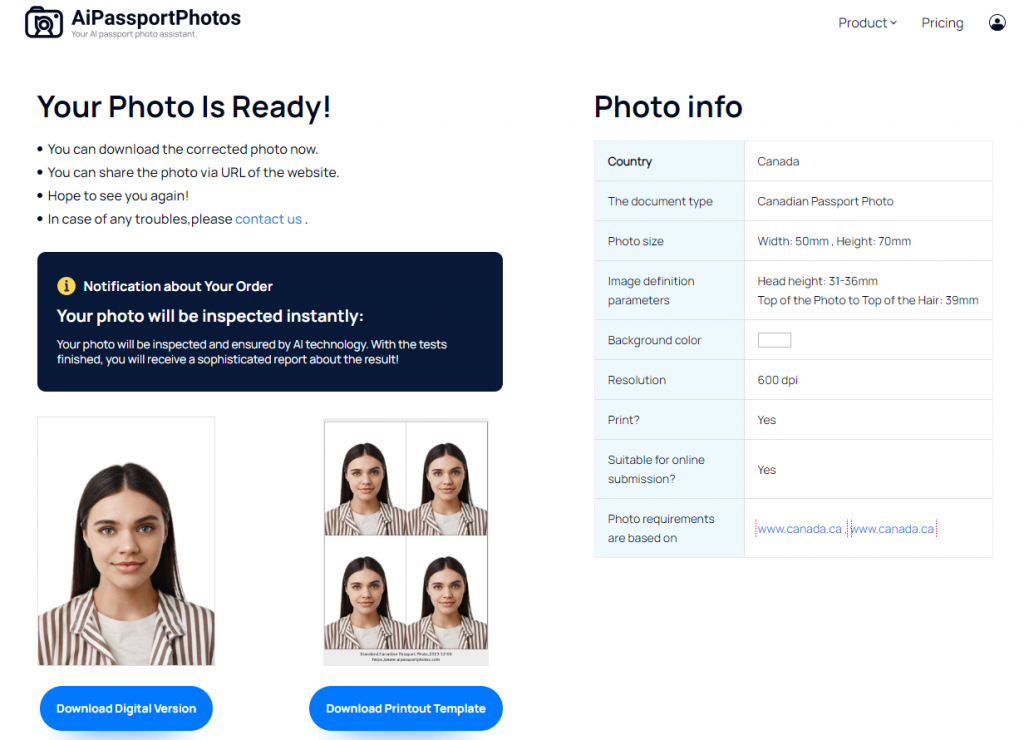 resulting page of Canadian passport photo online maker