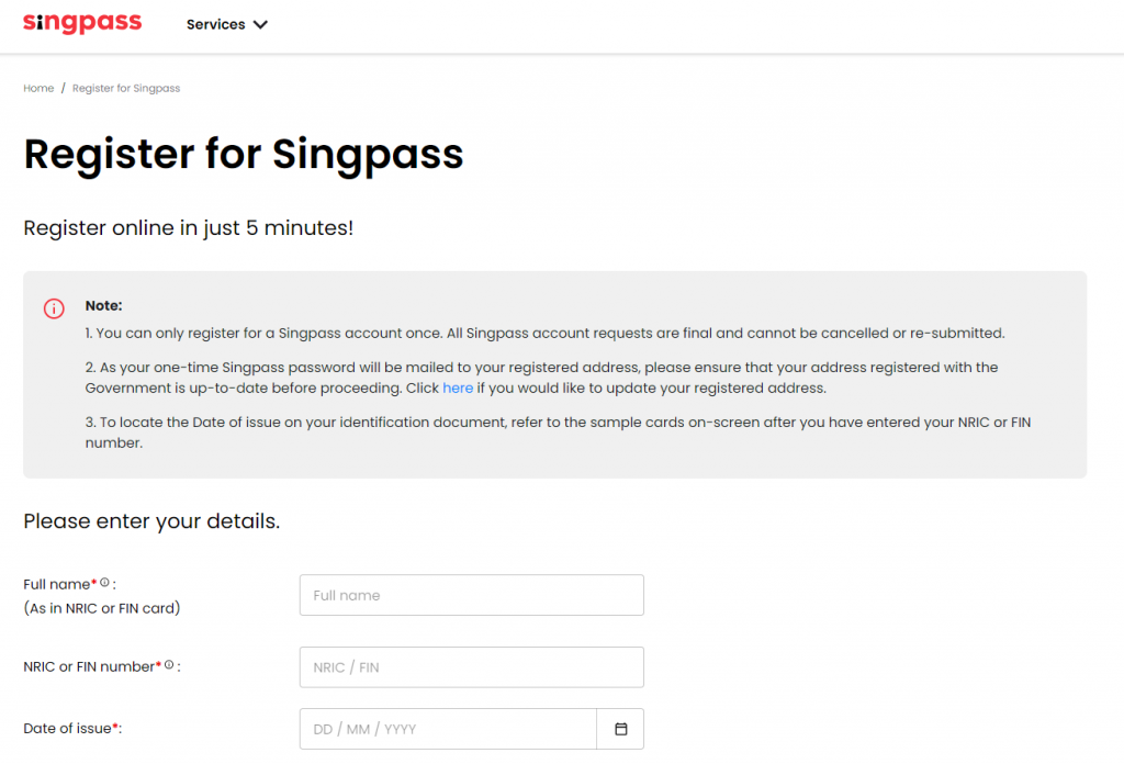 Register for Singpass