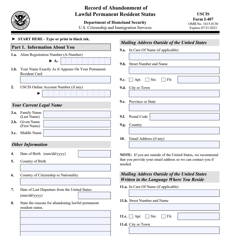 Form I-407, Record of Abandonment of  Lawful Permanent Resident Status