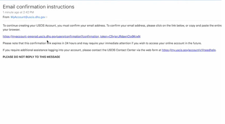 USCIS  registration email confirmation
