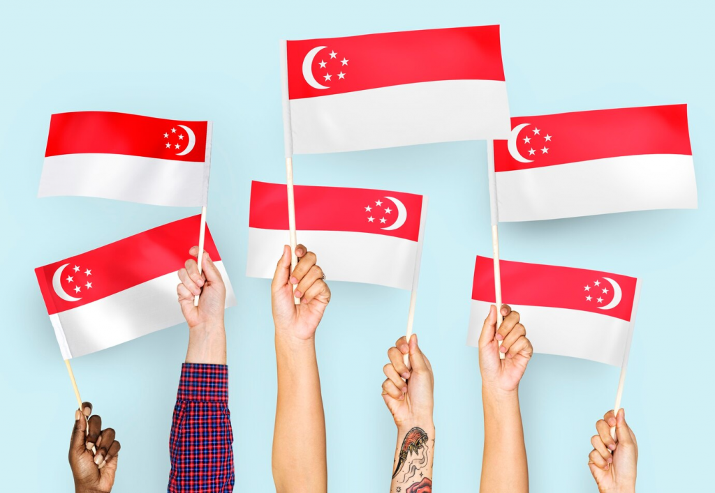 Hands holding Singapore National Flag