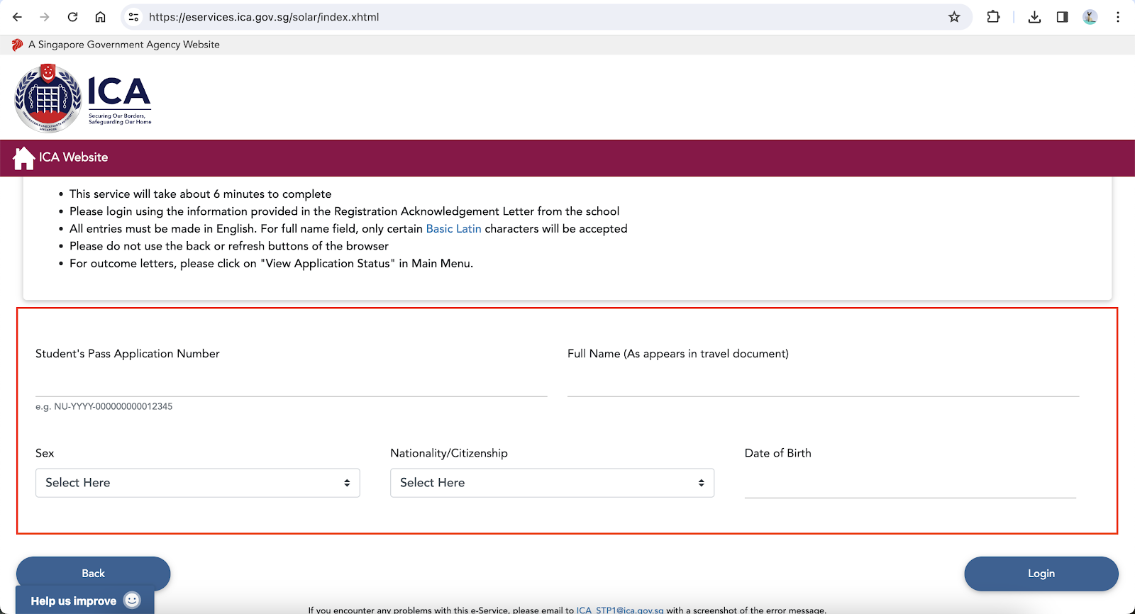 fill up information when apply for singapore student pass