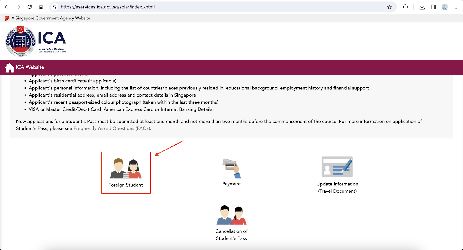 select foreign student when apply for singapore student pass