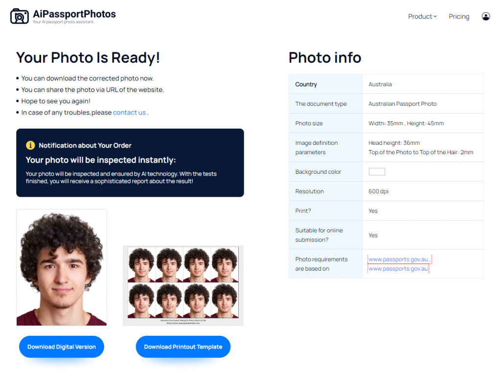 download 1x1 pictures on AiPassportPhotos 
