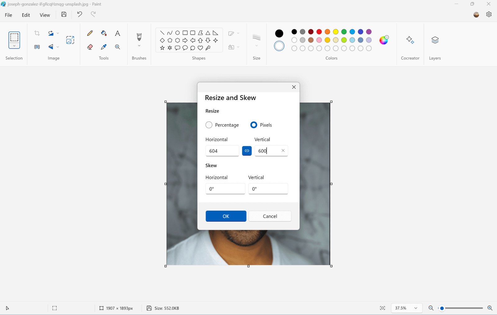 change photo to 600 x 600 pixel on Microsoft Paint