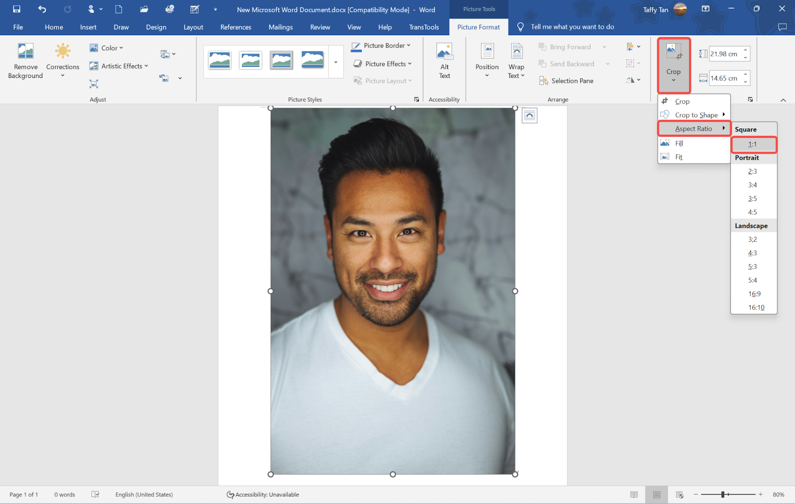 Crop the picture to 1x1 on Microsoft Word