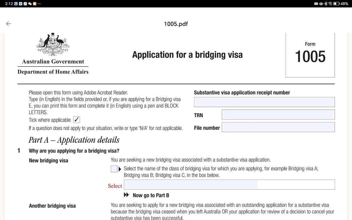 application for a bridging visa