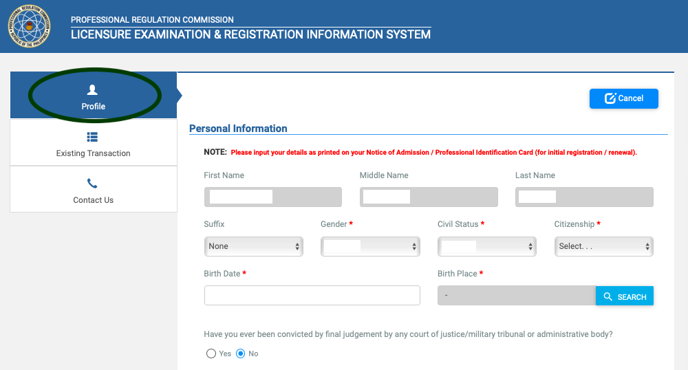 Set up PRC Online Profile