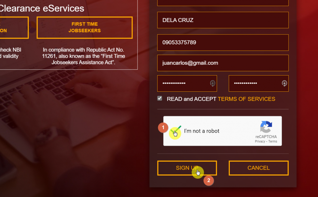 sign up on NBI clearance services website