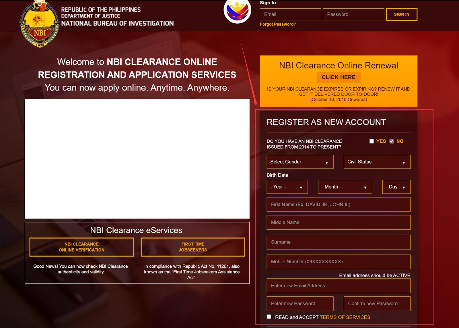 NBI Clearance Services website