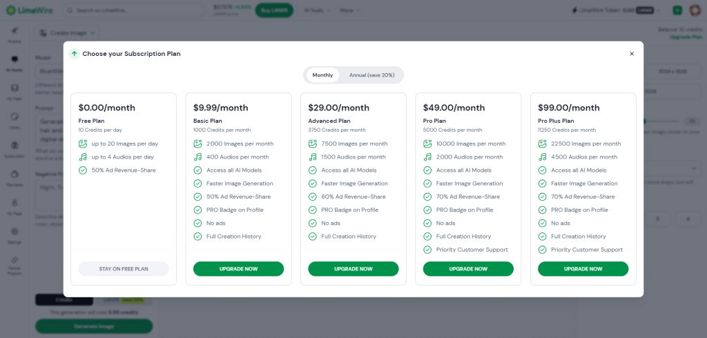 pricing page on limewire