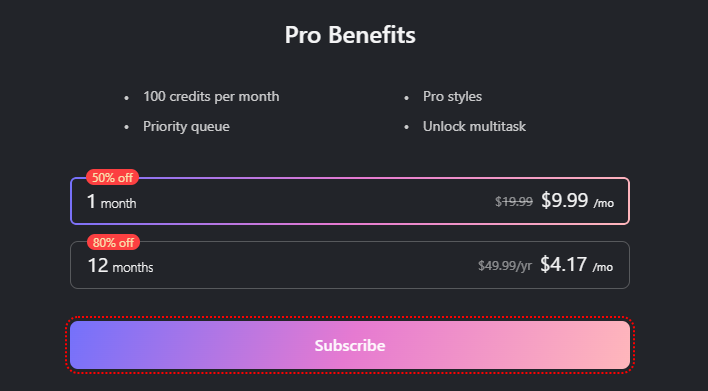 pricing page of picso