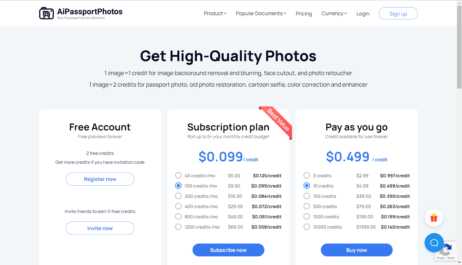 AiPassportPhotos pricing page