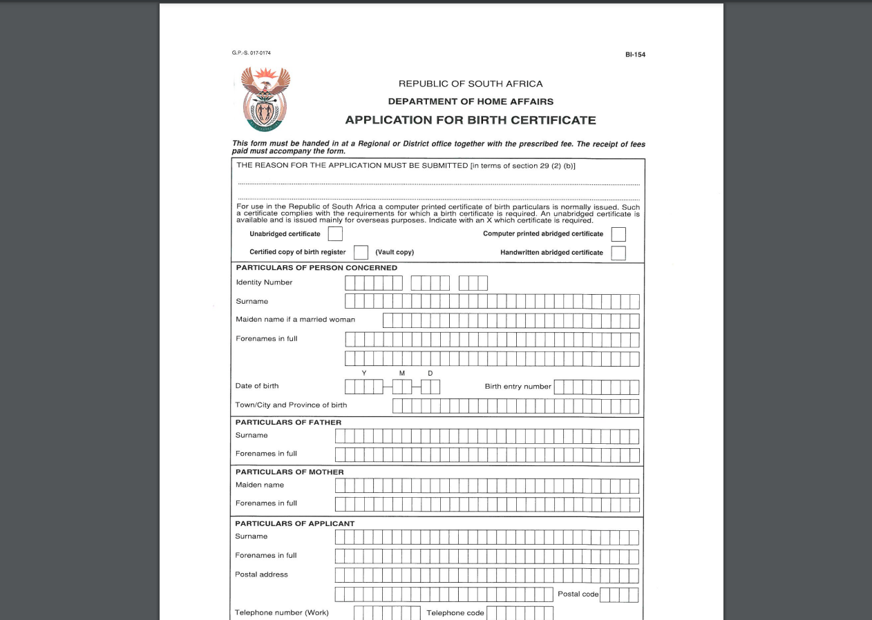 Apply for South African Unabridged Birth Certificate