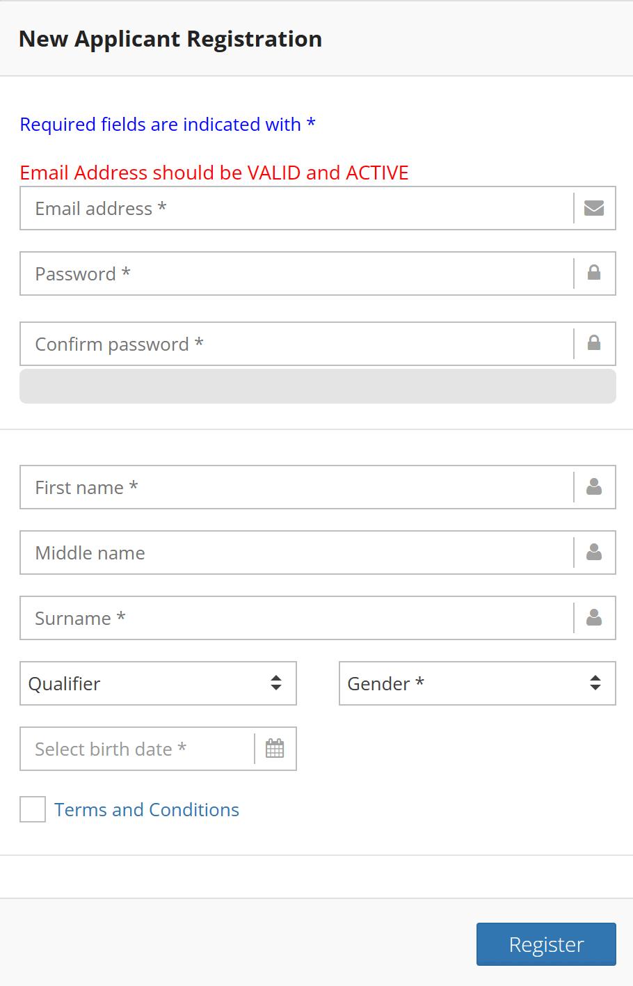 New applicant registration