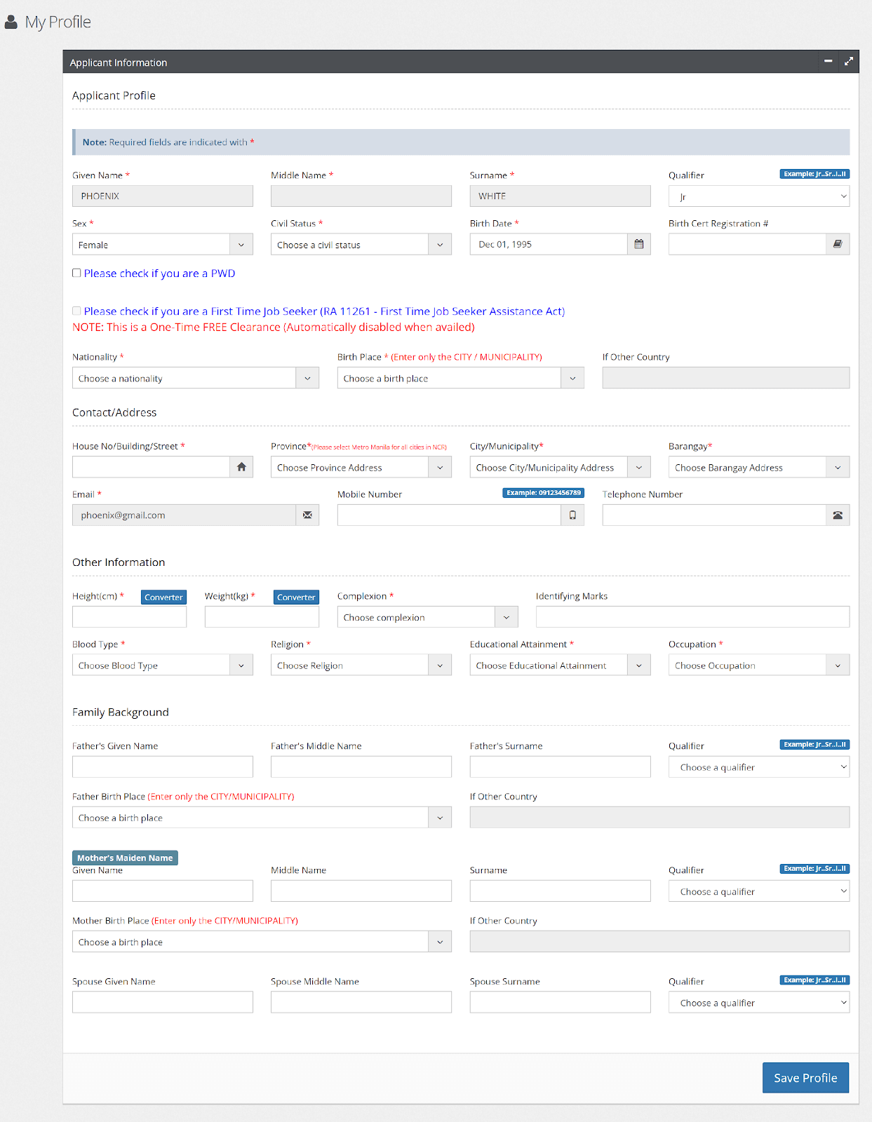 Set up Profile on National Police Clearance