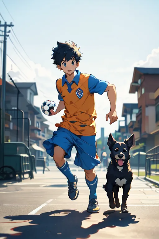 pixar style, a boy playing soccer with a dog on a school playground, nice weather