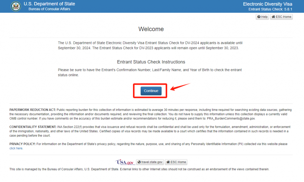 click on Continue on Electronic Diversity Visa Program Page