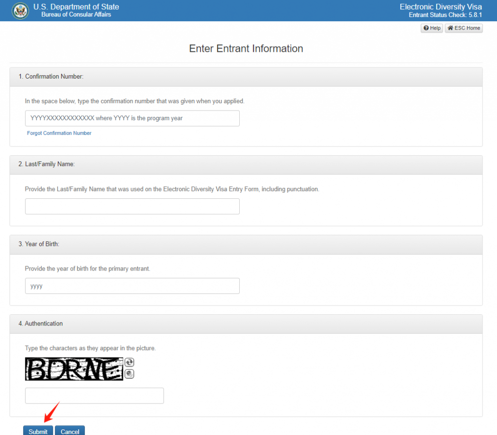 Enter Entrant Information on Electronic Diversity Visa Program Page