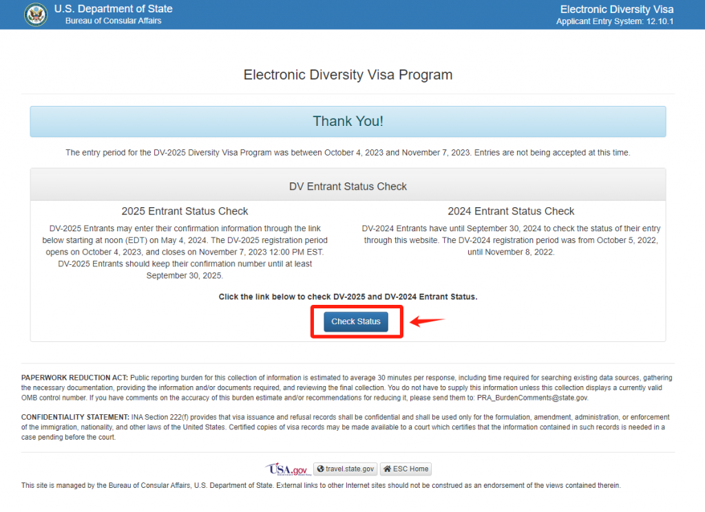 check status on Electronic Diversity Visa Program