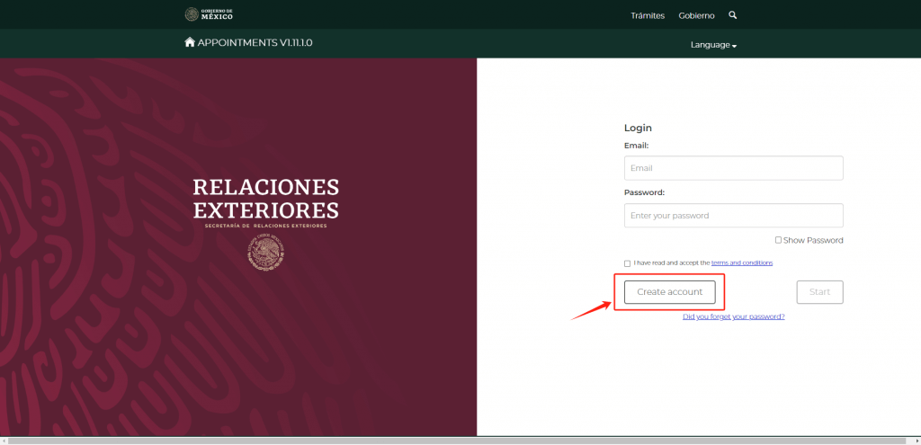 create an account on mexican embassy website