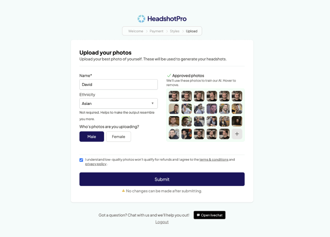 upload your photos on HeadshotPro