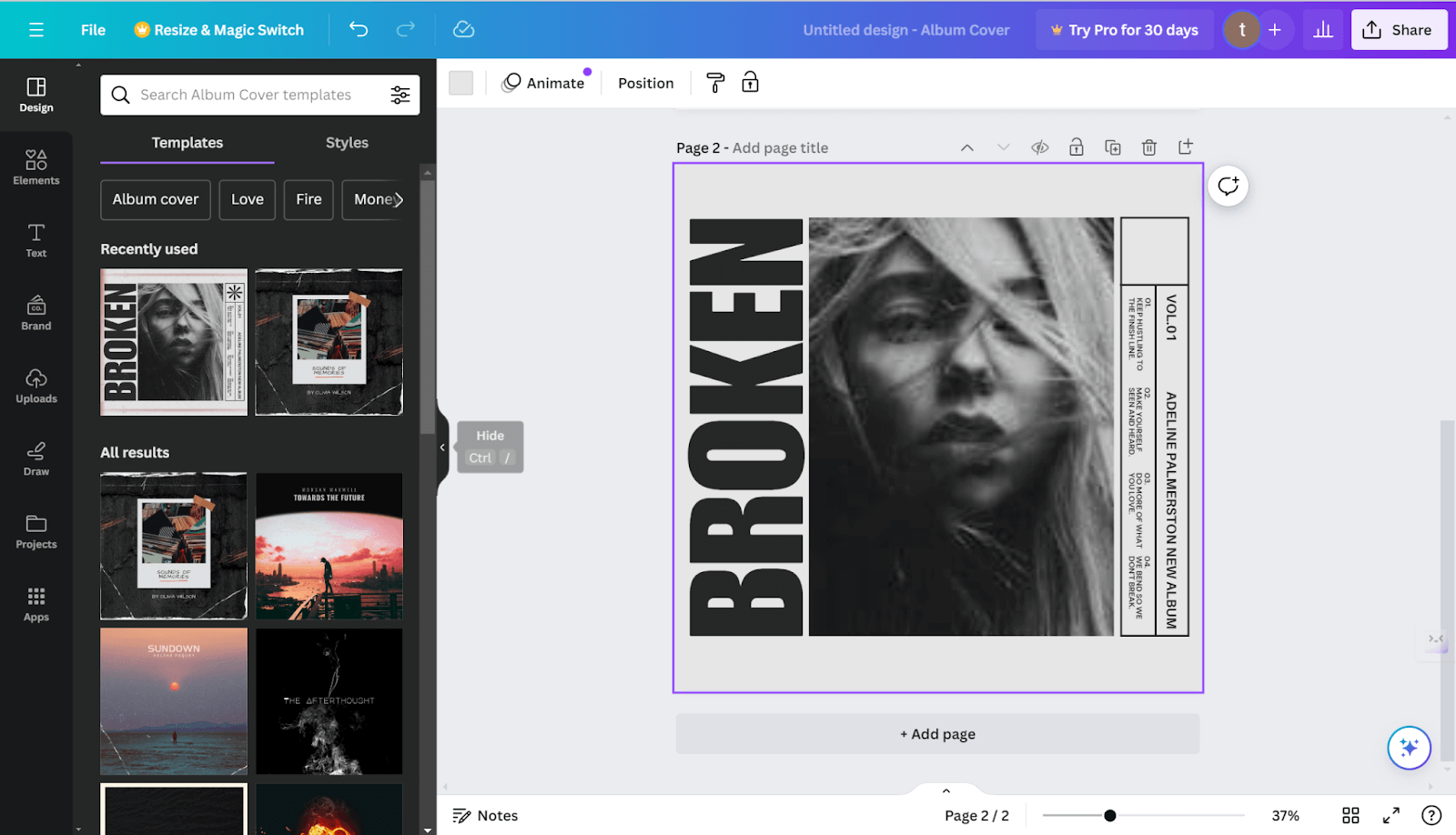 Canva Album Cover Maker page