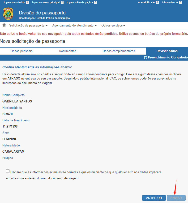 Por fim, clique em “Enviar”. Certifique-se de que todas as informações estão corretas antes de enviar a consulta.